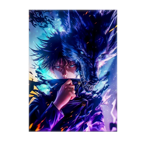 tableau manga Megumi grand format illustration personnage sombre avec loup spectral bleu violet et effets lumineux