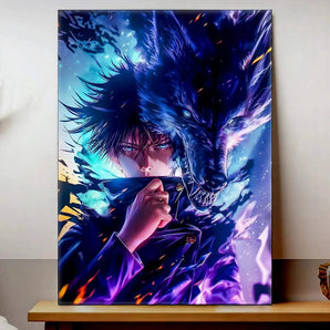 tableau manga Megumi sur toile illustration anime sombre bleu violet avec loup decor mural chambre fan