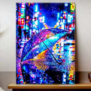 tableau parapluie artistique coloré de Les Bois d Aurore montrant un parapluie néon sous la pluie et son reflet