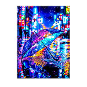 tableau parapluie artistique montrant un parapluie coloré dans une rue urbaine pluvieuse aux néons et reflets