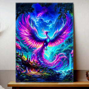 tableau phénix fantaisie peinture néon d un oiseau mythique aux ailes violettes et bleues en forêt magique