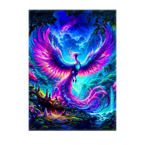 tableau phénix fantaisie Les Bois d'Aurore peinture murale colorée de phénix vibrant dans une forêt magique
