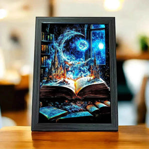 Tableau encadré représentant un livre ouvert avec un paysage fantastique de châteaux, lune et ciel nocturne.