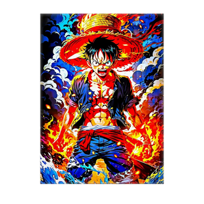 tableau Luffy manga vibrant et détaillé par Les Bois d Aurore montrant Luffy au chapeau de paille entouré de flammes et d eau