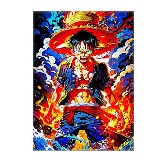 tableau Luffy manga vibrant et détaillé par Les Bois d Aurore montrant Luffy au chapeau de paille entouré de flammes et d eau