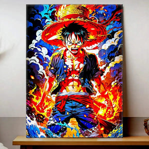 tableau Luffy manga sur toile Les Bois d Aurore Luffy en pose dynamique chapeau de paille feu et vagues colorées