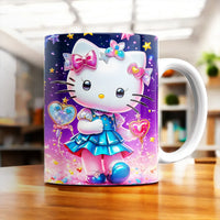 mug Hello Kitty Les Bois d Aurore motif chat mignon en robe bleue avec coeurs et étoiles colorées