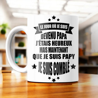 Mug Personnalisé blanc avec message humoristique sur la paternité et la grand-parentalité