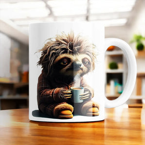 Les Bois d Aurore mug rigolo animal blanc avec paresseux pelucheux en veste tenant tasse de cafe fumante