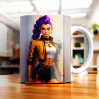 Mug Rumi Kpop Demon Hunter avec illustration de personnage féminin aux cheveux violets et veste jaune