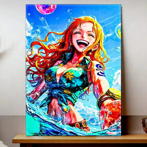 tableau Nami manga colore Les Bois d Aurore portrait de Nami souriante en maillot floral dans l eau