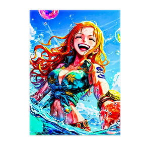 tableau Nami manga Les Bois d'Aurore toile colorée de Nami souriante en maillot floral sur fond marin