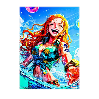 tableau Nami manga Les Bois d'Aurore toile colorée de Nami souriante en maillot floral sur fond marin