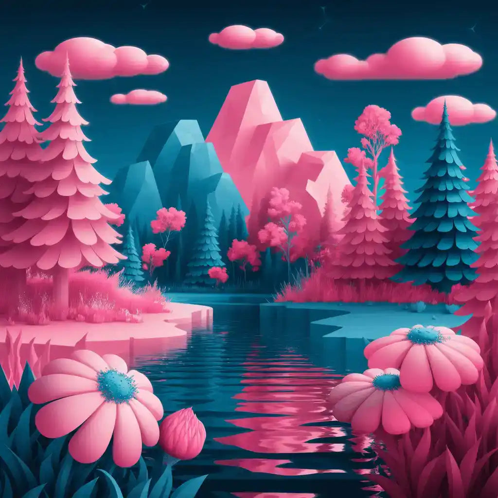 Paysage de fantaisie rose et bleu.