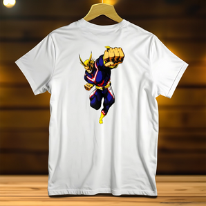T-Shirt All Might blanc avec impression du personnage de héros en pleine action