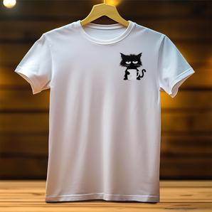 T-Shirt Chat Non blanc avec un motif de chat noir grognon imprimé sur le devant