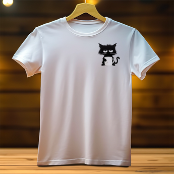 T-Shirt Chat Non blanc avec un motif de chat noir grognon imprimé sur le devant