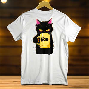 T-Shirt Chat Non blanc avec illustration d'un chat noir tenant une tasse jaune marquée Non