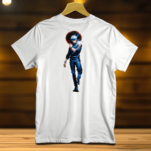 T-Shirt Gojo blanc avec illustration personnage animé au centre, style moderne et épuré
