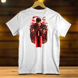 T-Shirt Guts (Berserk) blanc avec illustration du personnage Guts en armure tenant une épée rouge