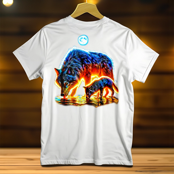 T-shirt loup lune avec un design coloré de loup et de chiot sur le dos