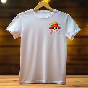 T-Shirt Luffy blanc avec illustration de tête de mort au chapeau de paille de Les Bois d'Aurore