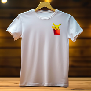 T-Shirt Pikachu blanc avec motif Pikachu sortant d'une poche rouge