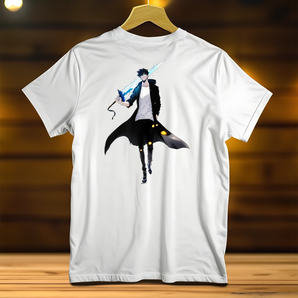 T-Shirt Sung Jinwoo blanc avec illustration détaillée du personnage masculin en manteau noir