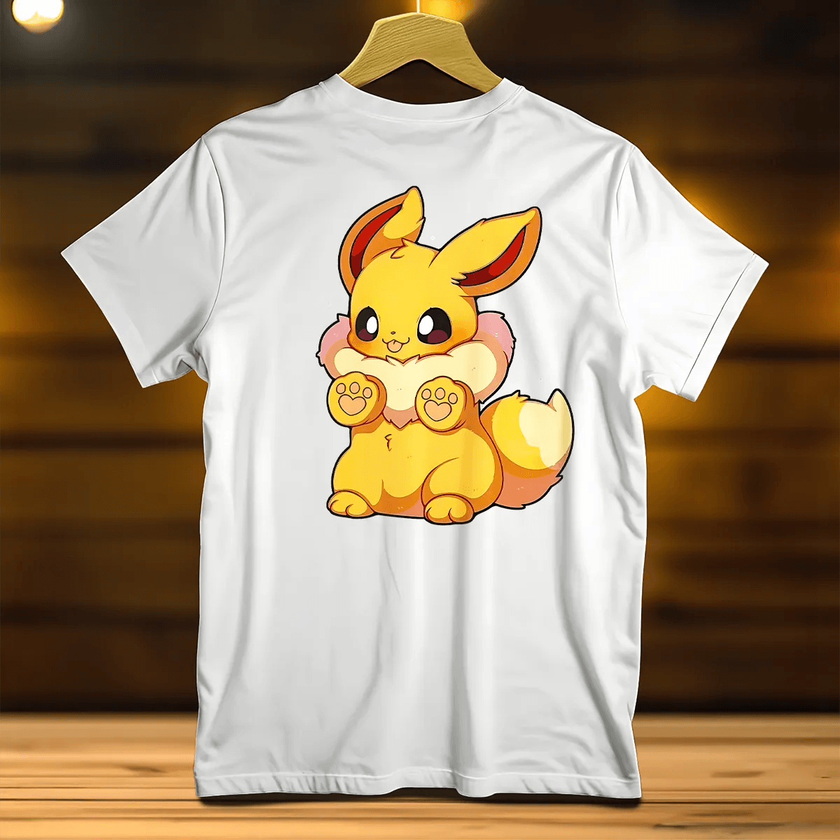 T-shirt Pokémon Enfant Les Bois d’Aurore : grande illustration Evoli sur t-shirt blanc, cadeau de Noël pour enfant