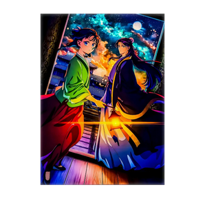 Tableau Carnet de l'Apothicaire par Les Bois d'Aurore avec deux personnages animés en kimono sous un ciel étoilé