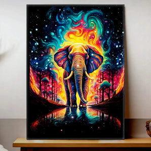 Tableau Éléphant Voyage coloré avec un éléphant lumineux dans un paysage onirique vibrant