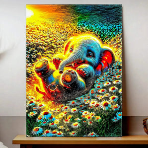 Tableau Éléphanteau coloré représentant un bébé éléphant joyeux dans un champ de fleurs
