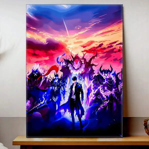 Tableau Solo Leveling Arise avec illustration colorée de personnages fantastiques et ambiance épique