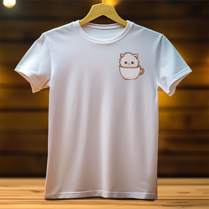 T-Shirt Chat Femme blanc avec un dessin mignon d'un chaton dans une tasse Les Bois d'Aurore