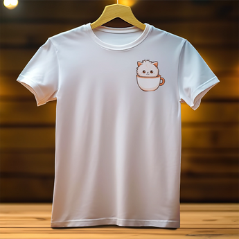 T-Shirt Chat Femme blanc avec un dessin mignon d'un chaton dans une tasse Les Bois d'Aurore